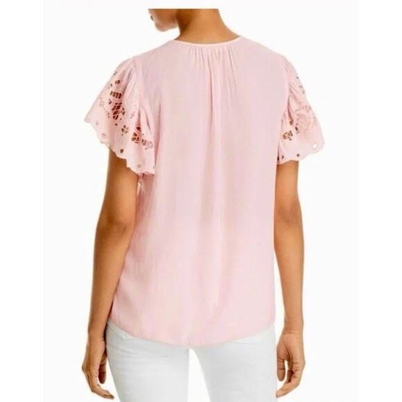 RAMY BROOK Rochelle V neck Eyelet Flutter Sleeve Blouse Top Pink Sz L NWT $345 - Picture 2 of 10